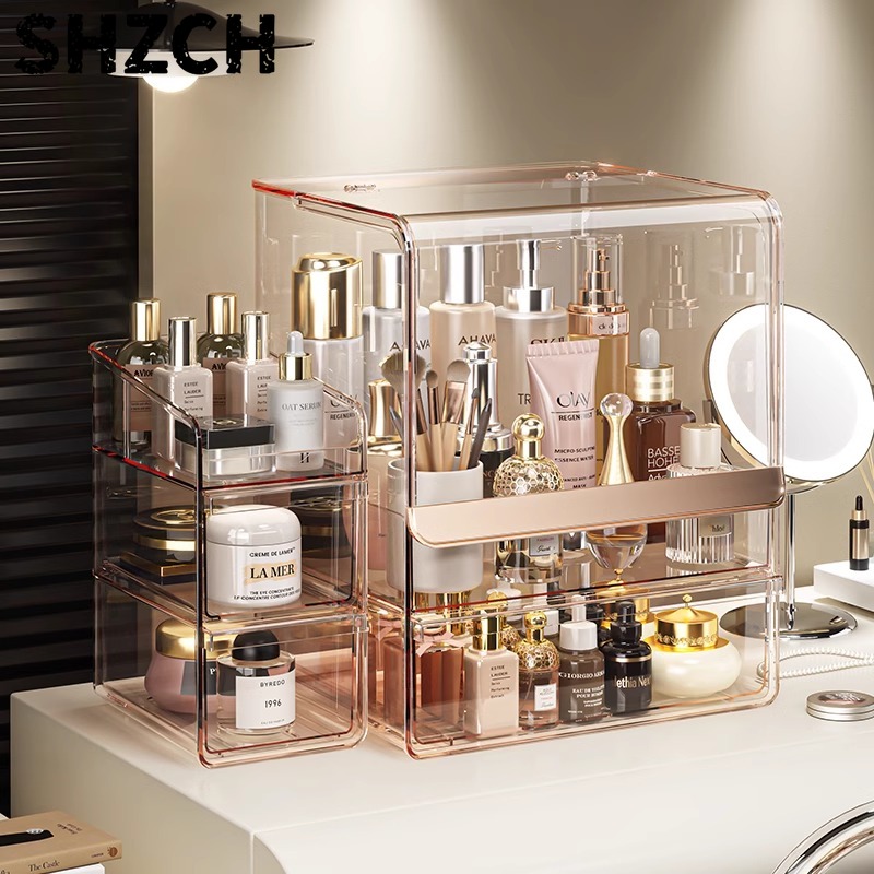 Luxury Skincare Collection - ที่จัดเก็บเครื่องสำอางสุดหรู อะคริลิค สำหรับวางบนโต๊ะเครื่องแป้ง ป้องกันฝุ่น พร้อมช่องเก็บของแบบแยกส่วน สำหรับลิปสติก/น้ำหอม