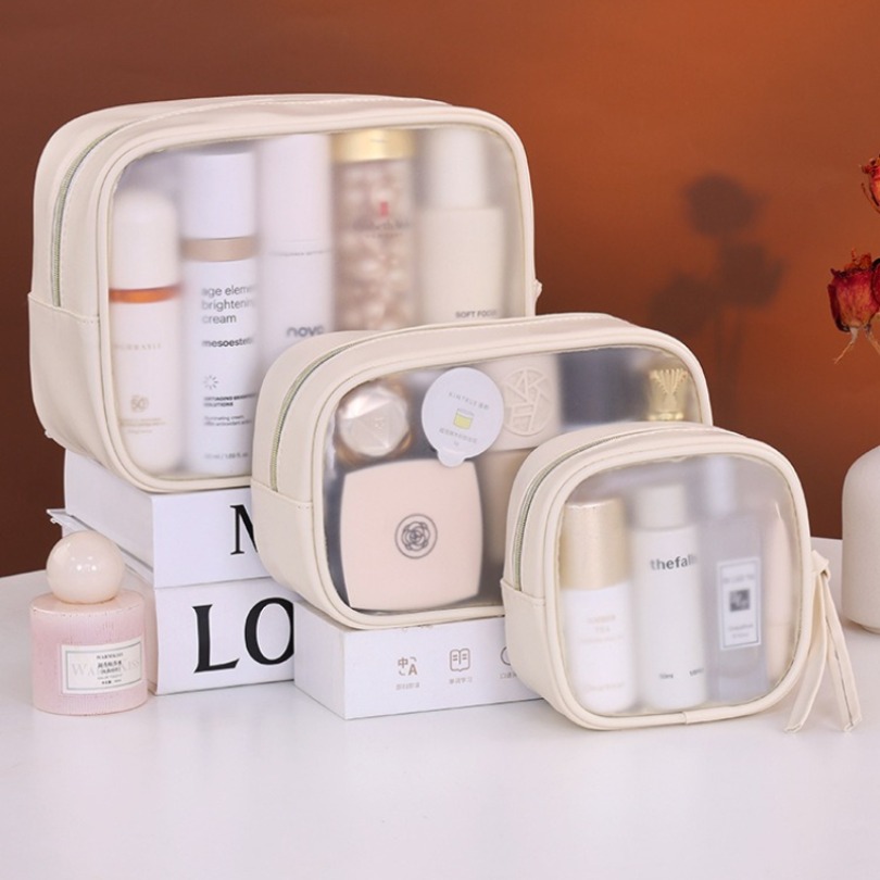 Luxury Skincare Samples - ชุดกระเป๋าแต่งหน้าหรูหราแบบกึ่งโปร่งใส, กระเป๋าใส่เครื่องสำอางสำหรับเดินทางขนาดใหญ่ 3 ชิ้น, กระเป๋าเก็บอุปกรณ์อาบน้ำแบบพกพาสำหรับผู้หญิง