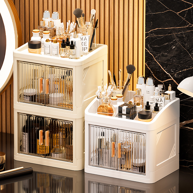 Luxury Skincare Gifts - ตู้เก็บเครื่องสำอางแบบหลายชั้น ความจุขนาดใหญ่ กันฝุ่นและกันน้ำ กล่องจัดระเบียบสุดหรูและมีสไตล์ แก้ปัญหาเครื่องสำอางที่มัดหมักและยุ่งเหยิงบนโต๊ะ ลดความยุ่งยากในการทำความสะอาด